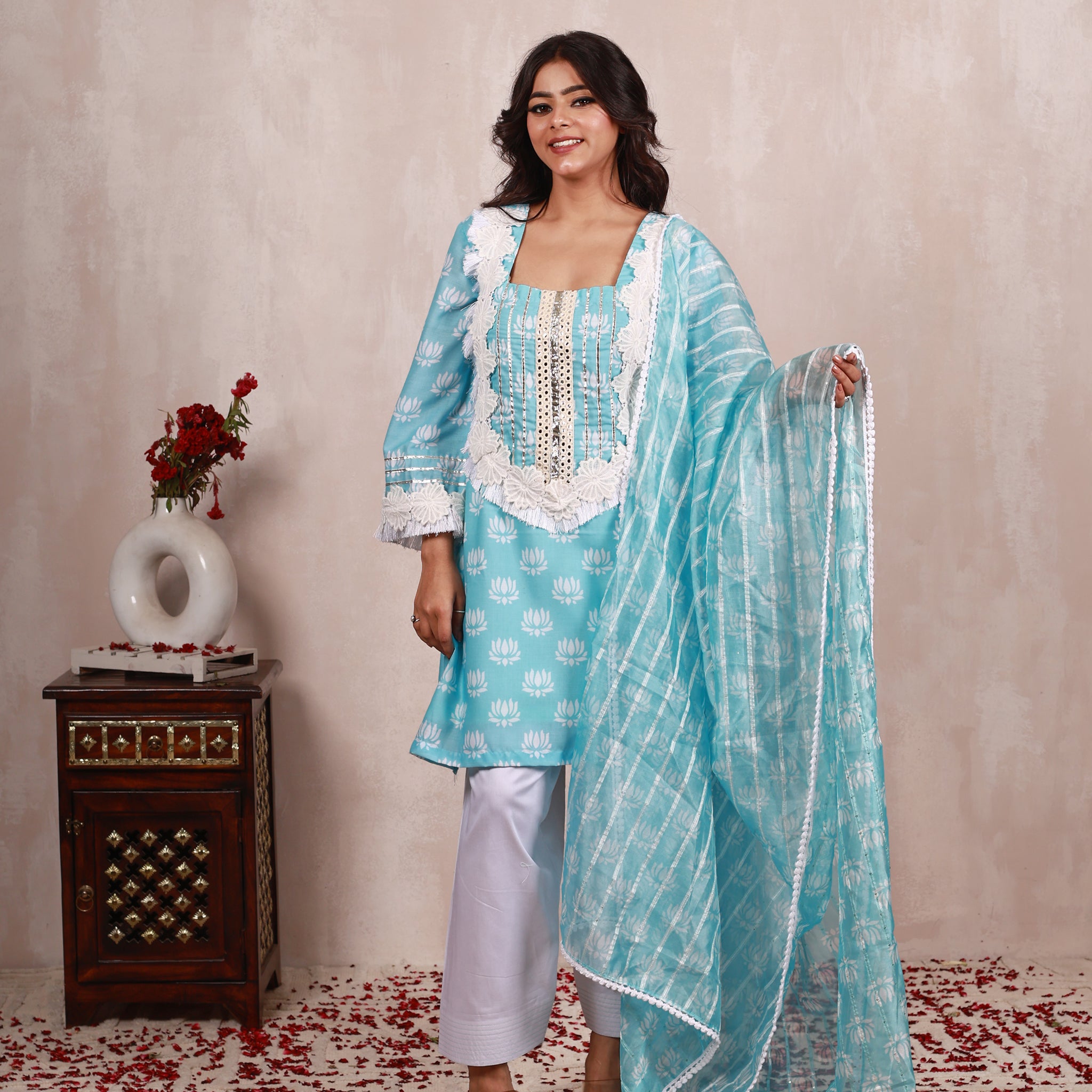 Sky Blue Cotton Farshi Salwar Suit Set