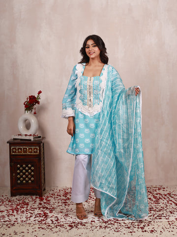 Sky Blue Cotton Farshi Salwar Suit Set