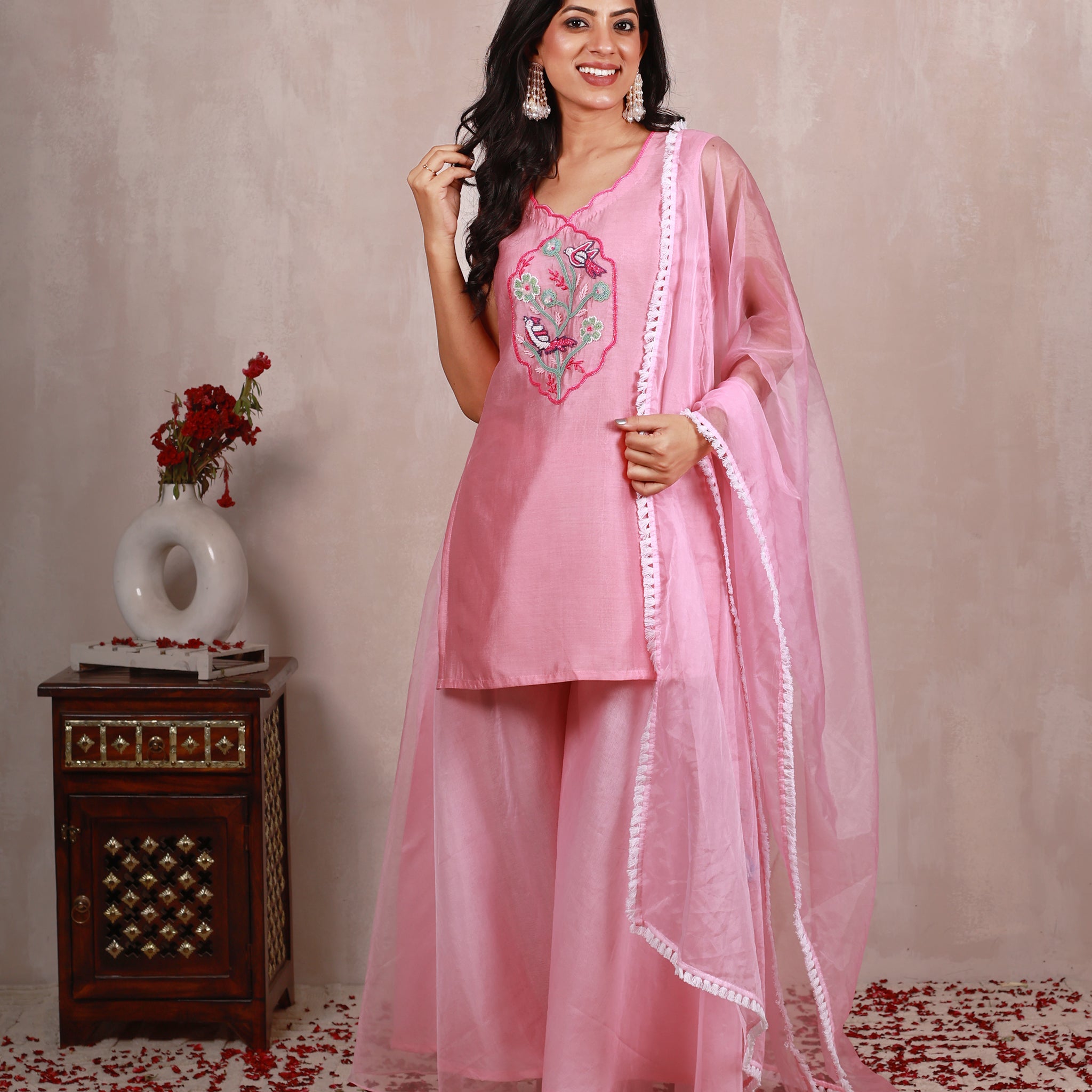 Loveya Pink Hand Embroidered  Sharara Suit Set