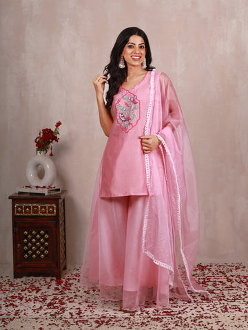 Loveya Pink Hand Embroidered  Sharara Suit Set