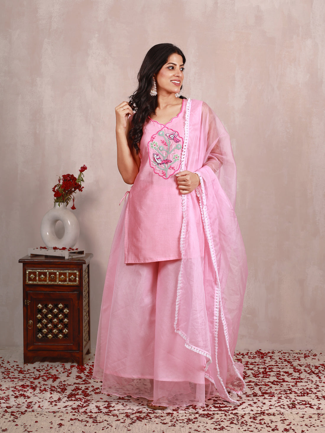 Loveya Pink Hand Embroidered  Sharara Suit Set