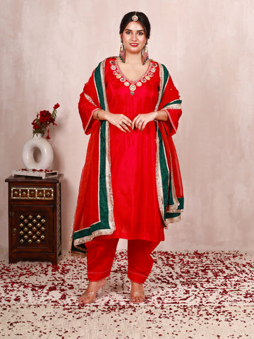 Sarangini Red Hand Embroidered Silk Suit