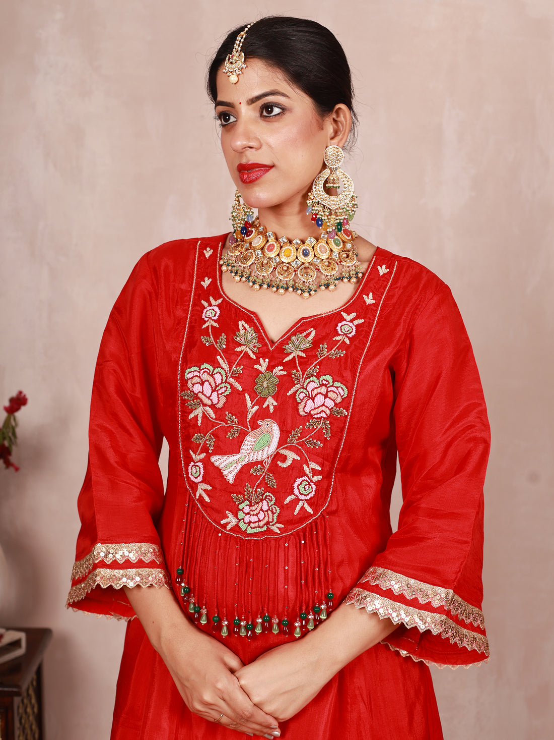 Tarini Red Hand Embroidered Silk Suit