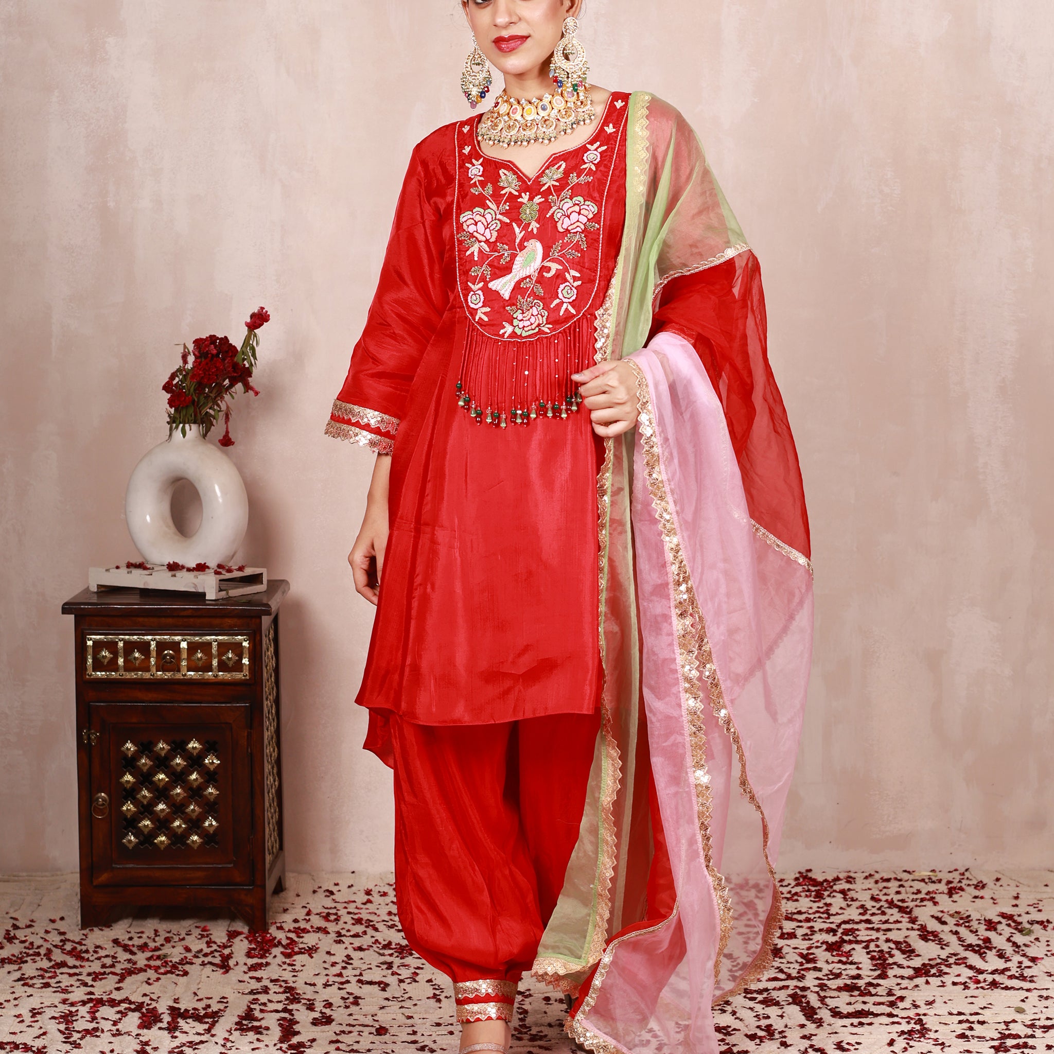 Tarini Red Hand Embroidered Silk Suit