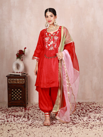 Tarini Red Hand Embroidered Silk Suit