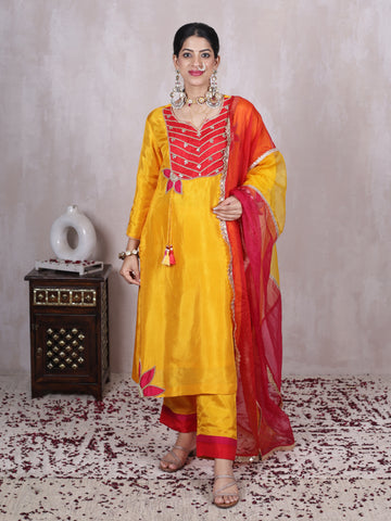 Tarangini Deep Yellow Hand Embroidered Silk Suit