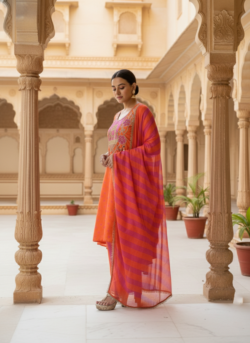 Sonchidiya Tangerine Hand Embroidered Silk crepe Suit set