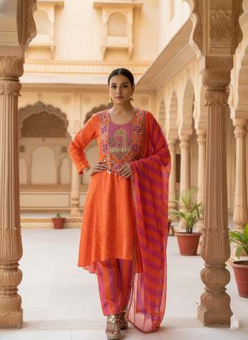 Sonchidiya Tangerine Hand Embroidered Silk crepe Suit set