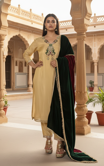Jadau Golden Hand Embroidered Shimmer Tissue  Suit set