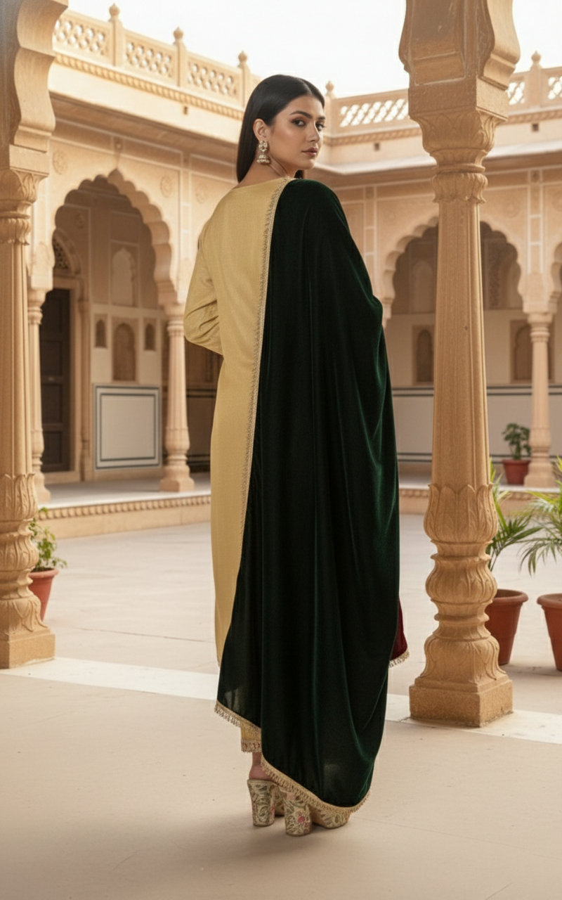 Jadau Golden Hand Embroidered Shimmer Tissue  Suit set