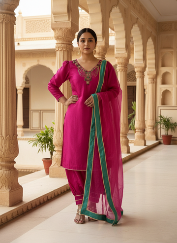 Fuchsia Pink Hand Embroidered Silk Suit Set