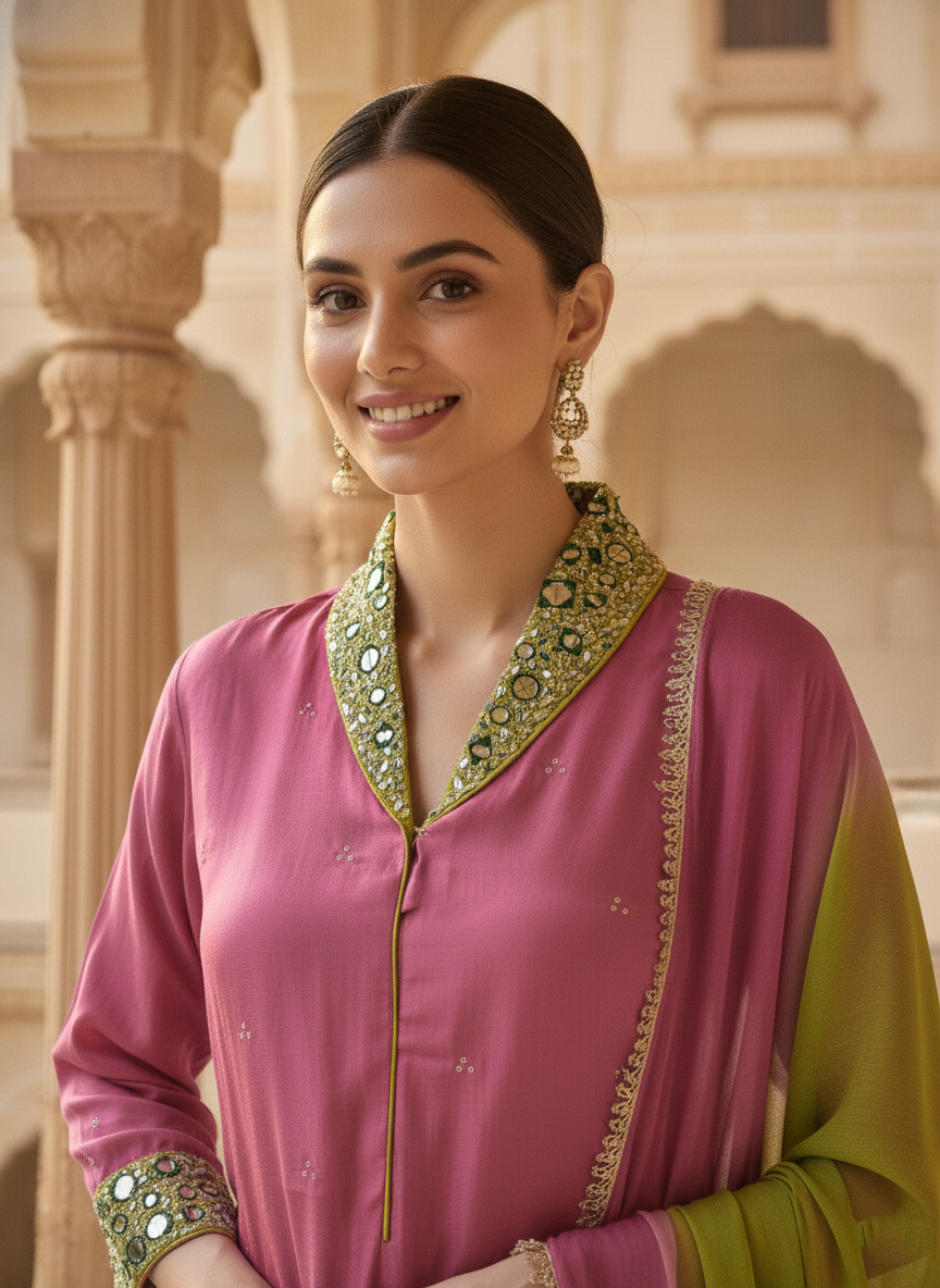 Onion Pink Hand Embroidered Silk Suit set