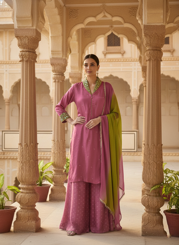 Onion Pink Hand Embroidered Silk Suit set