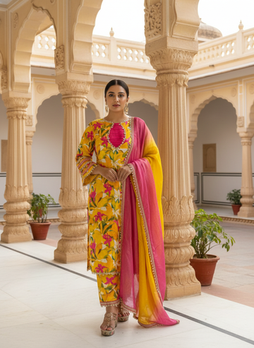 Yellow Floral Print Velvet  Suit Set