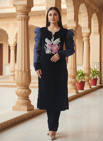 Navy Blue Hand Embroidered Velvet Kurta Set