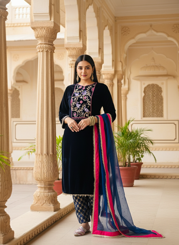 Birdie Tales Navy Blue Velvet Embroidered Suit