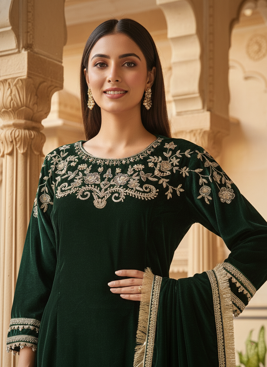 Bottle Green A Line Hand Embroidered Velvet Suit With Sharara