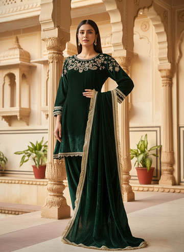 Bottle Green A Line Hand Embroidered Velvet Suit With Sharara