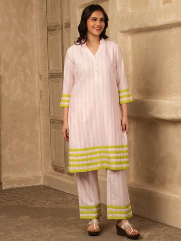 Pink Cotton Linen stripes print Kurta Set