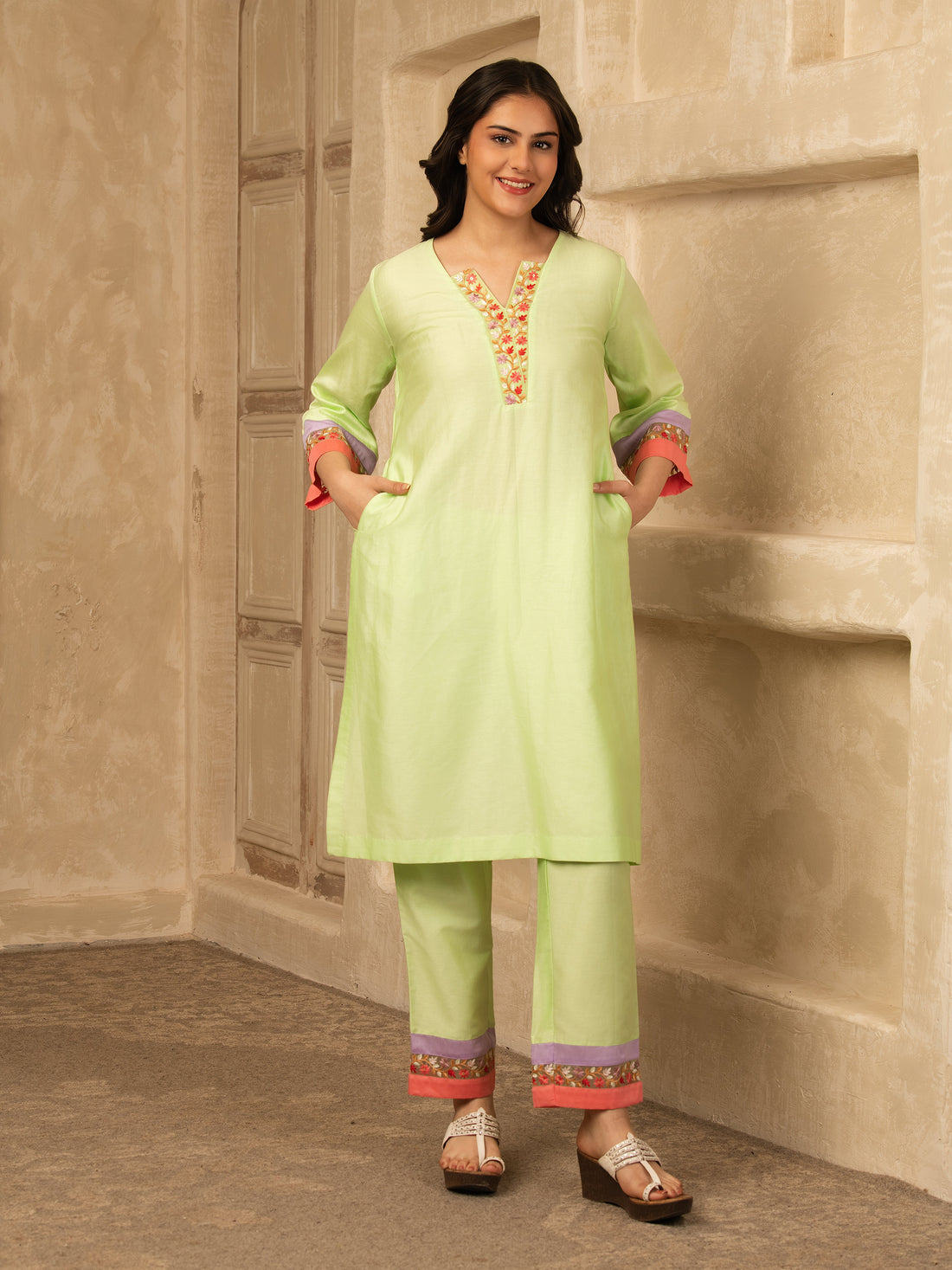 Light Green Cotton Kurta Set with floral embroidery lace detailings
