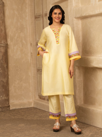 Butter Yellow Cotton Kurta Set with floral embroidery lace detailings