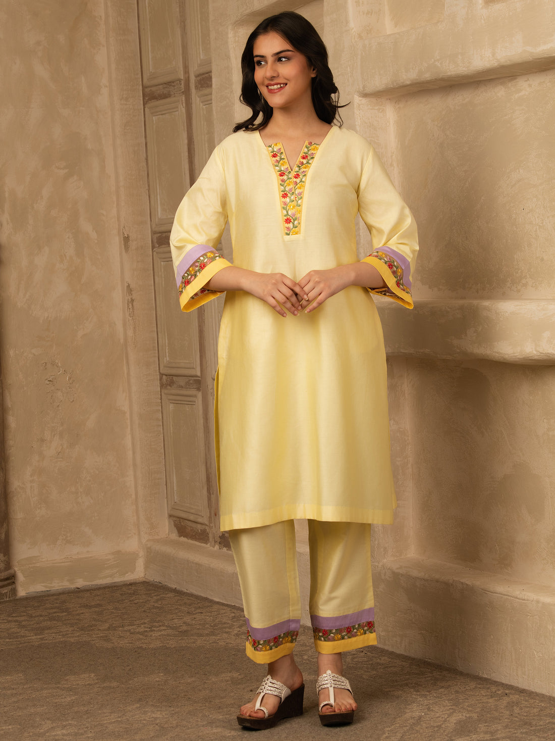 Butter Yellow Cotton Kurta Set with floral embroidery lace detailings