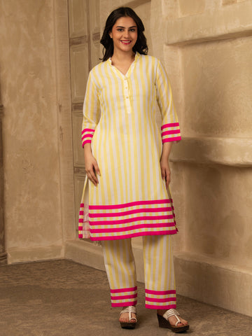 Yellow Cotton Linen stripes print Kurta Set