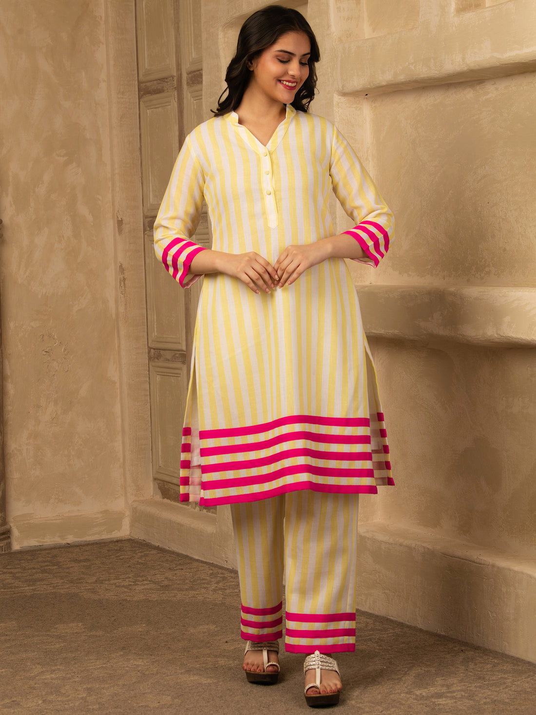 Yellow Cotton Linen stripes print Kurta Set