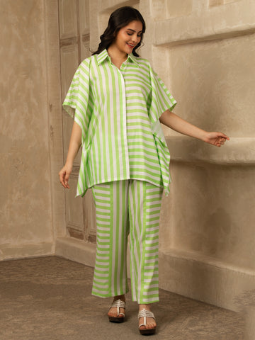 Bright Green Cotton Linen stripes print Kaftan style Coord Set