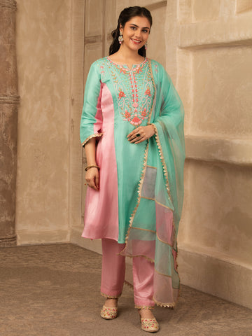 Minty Green & Pastel Pink Hand Embroidered Silk 3 piece Suit set