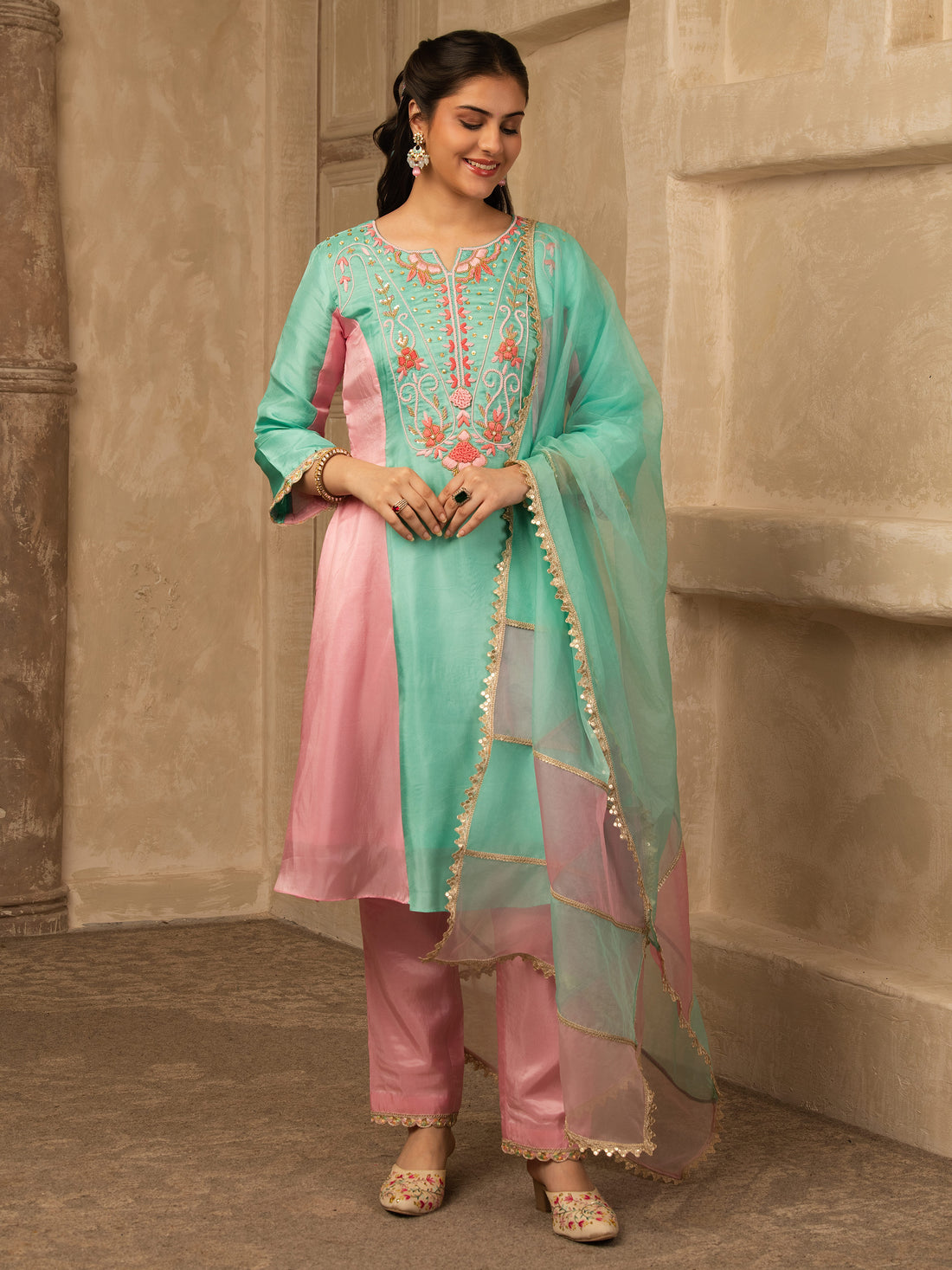 Minty Green & Pastel Pink Hand Embroidered Silk 3 piece Suit set
