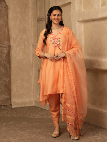 Amber Peach Hand Embroidered  A line suit