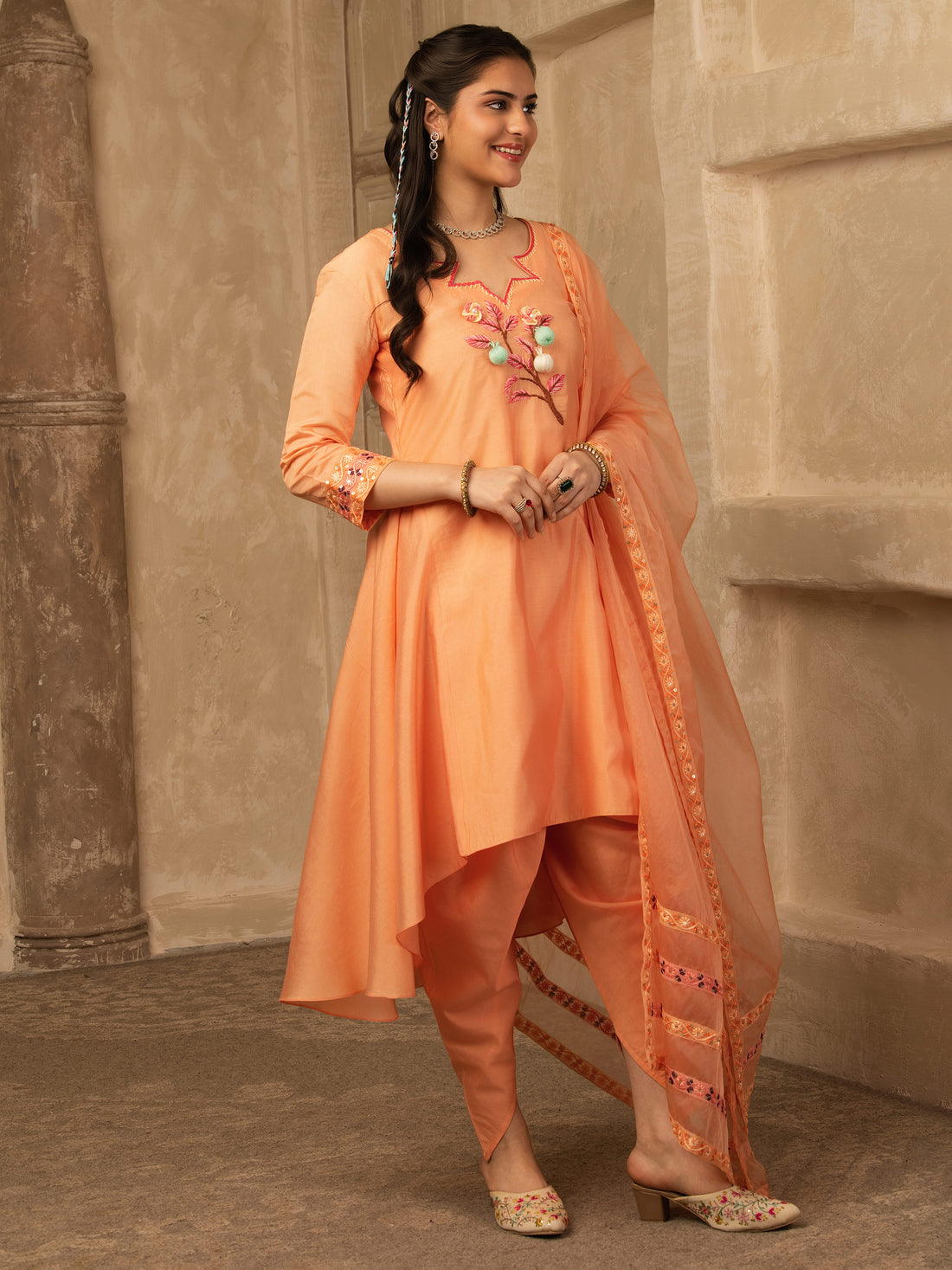 Amber Peach Hand Embroidered  A line suit