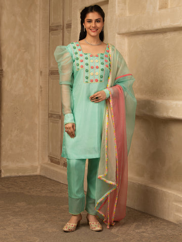 Shayrana Mint Green Hand Embroidered  Silk Suit
