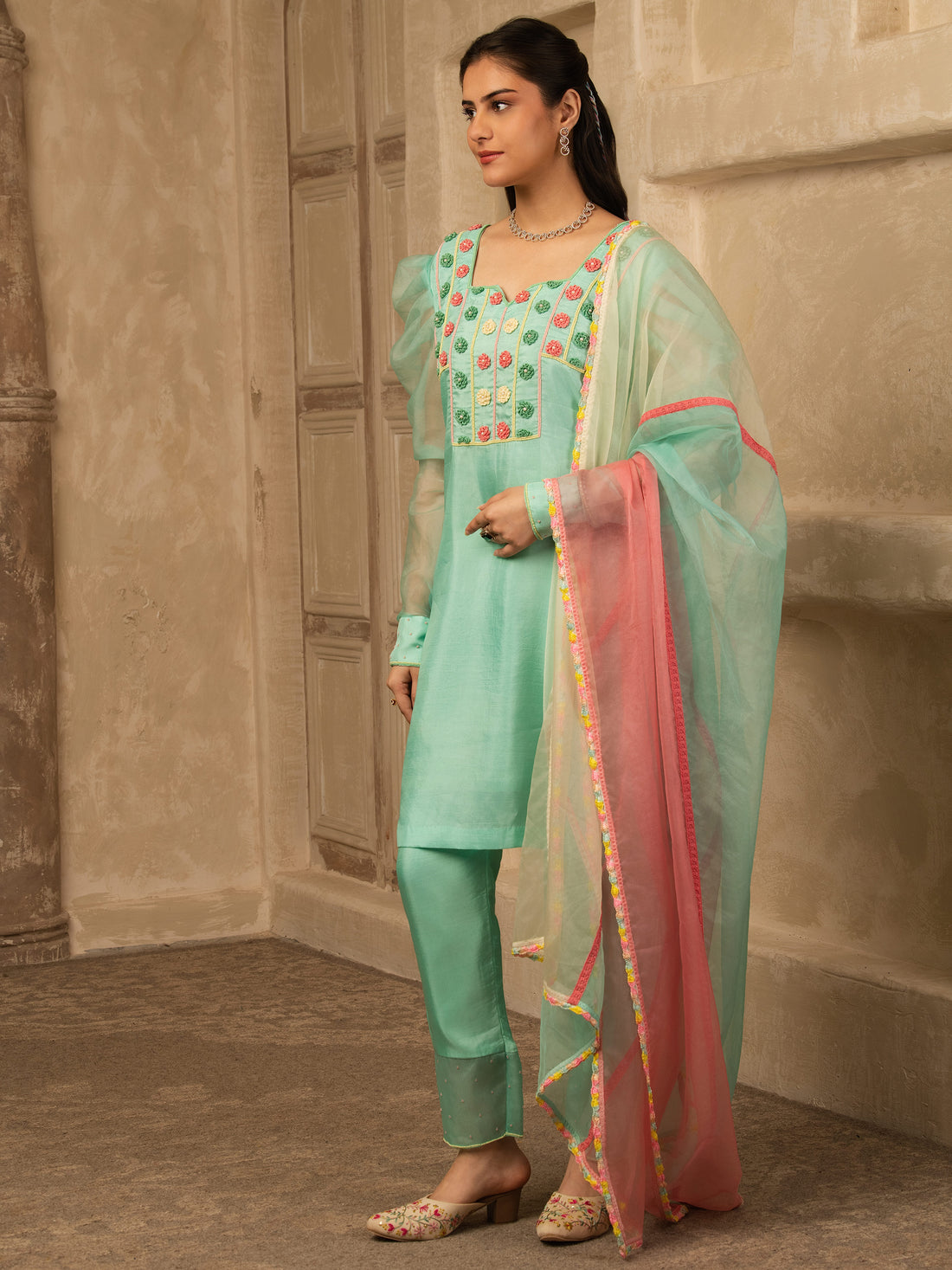 Shayrana Mint Green Hand Embroidered  Silk Suit