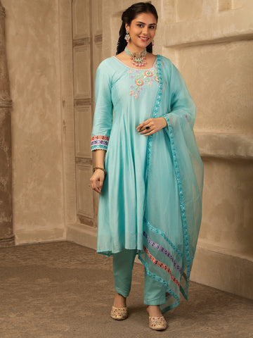 Eshani Sky Blue Hand Embroidered  A line suit