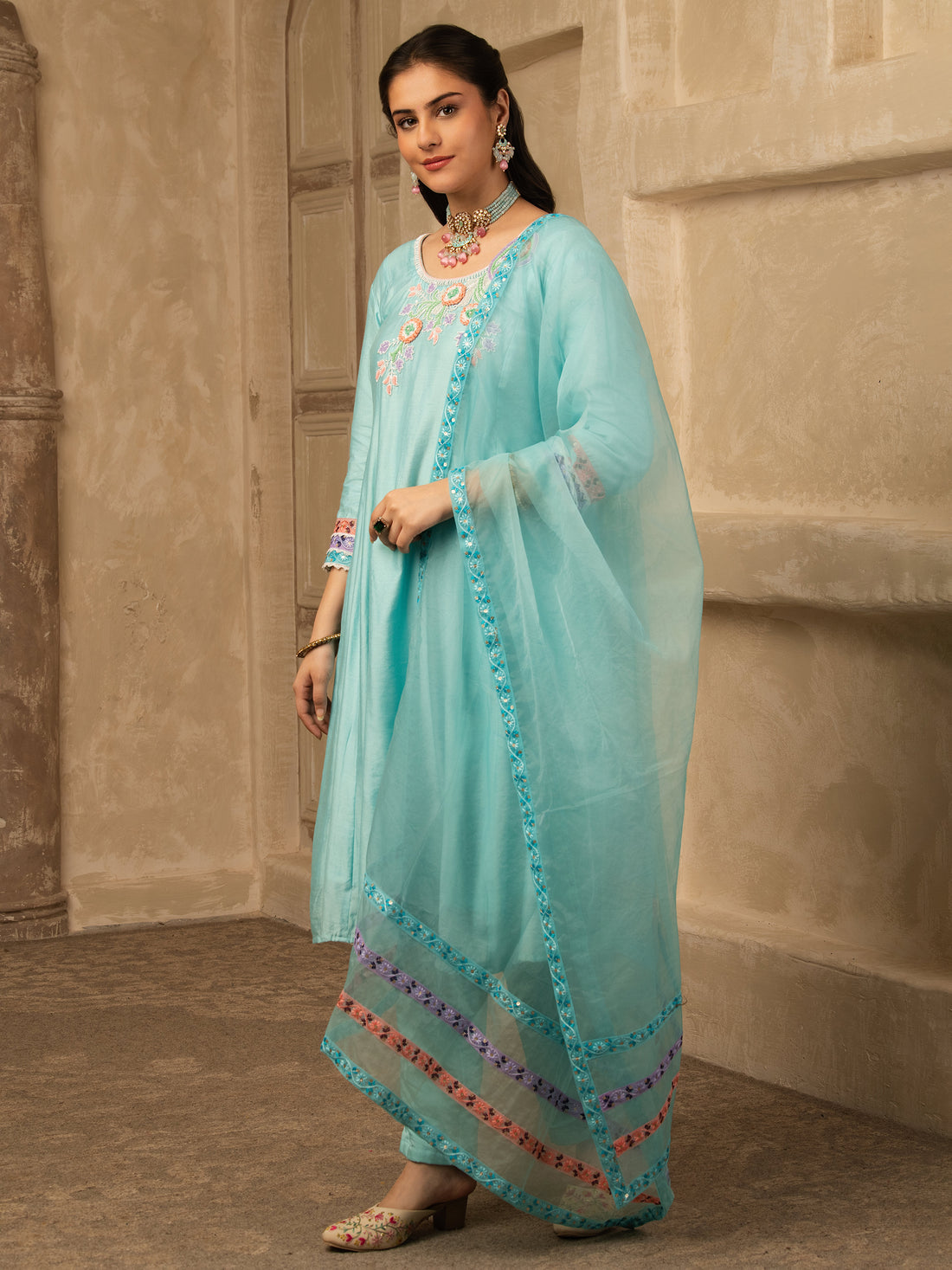 Eshani Sky Blue Hand Embroidered  A line suit