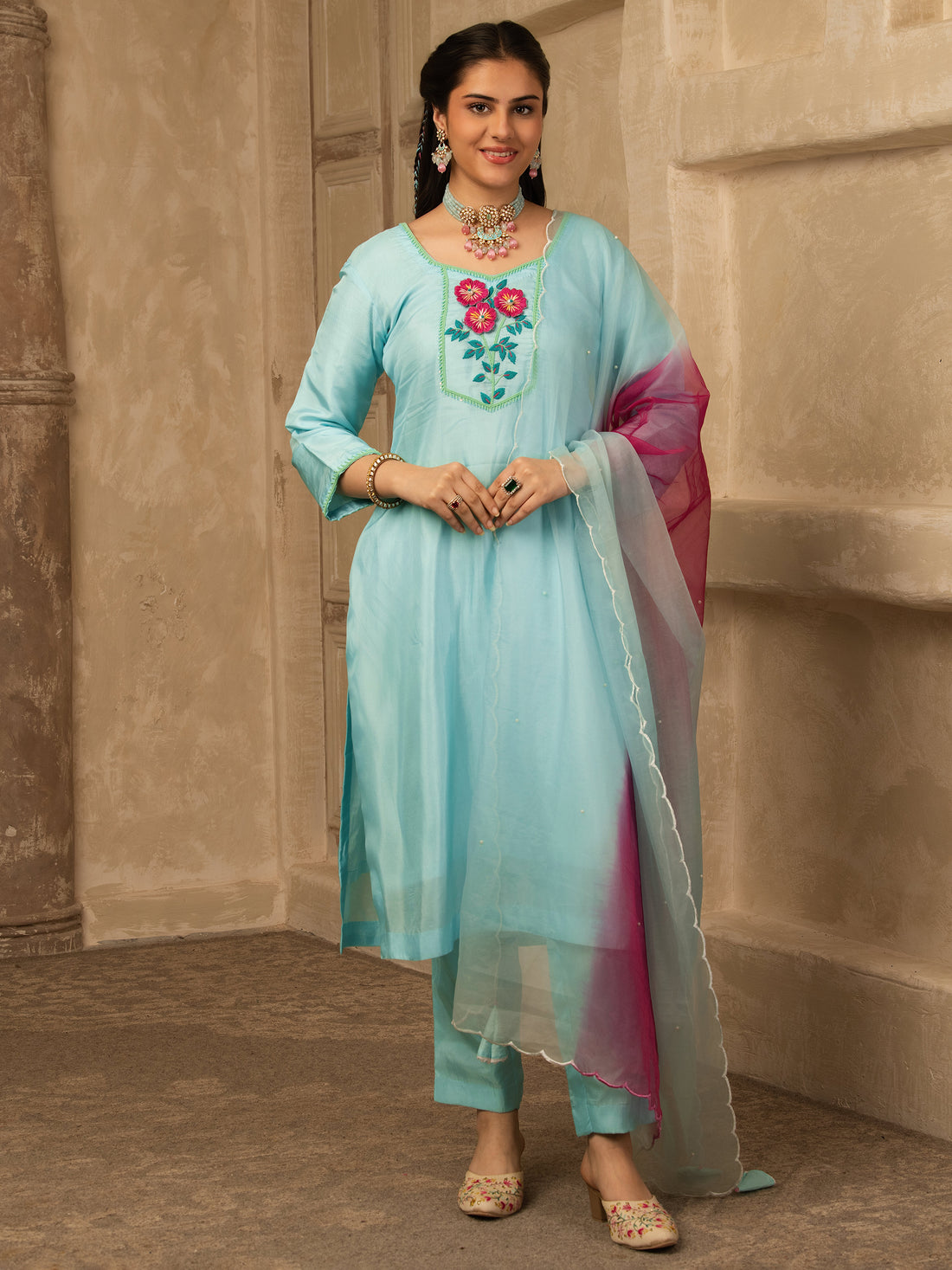 Zamaira Pastel Blue Hand Embroidered  Silk Suit