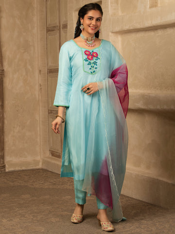 Zamaira Pastel Blue Hand Embroidered  Silk Suit