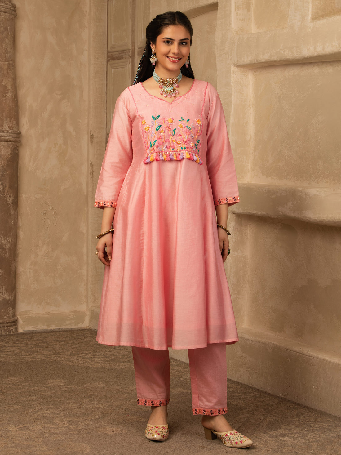 Malvika Pink Hand Embroidered  A line suit