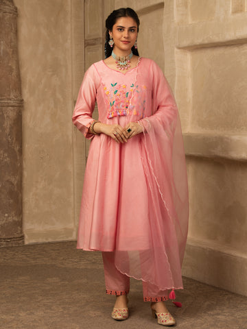 Malvika Pink Hand Embroidered  A line suit