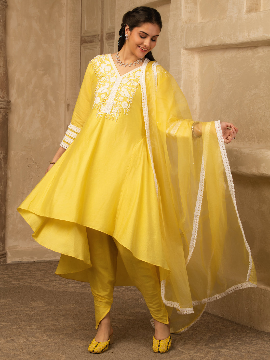 Sun kissed Yellow Hand Embroidered  A line suit