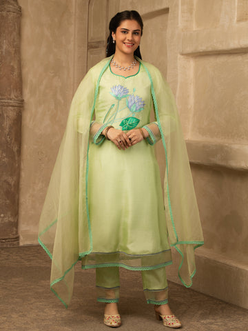 Ayanya Pastel Green Hand Embroidered Silk Suit