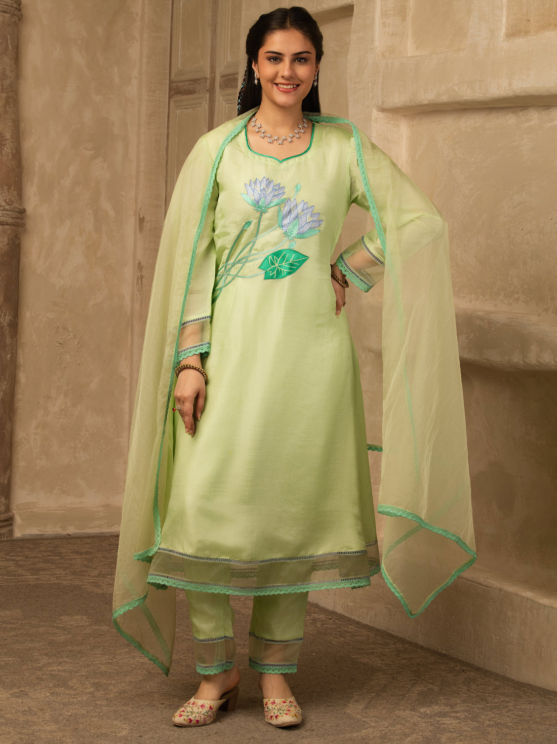Ayanya Pastel Green Hand Embroidered Silk Suit