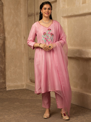 Zanisha Pink Hand Embroidered  A line Silk Suit