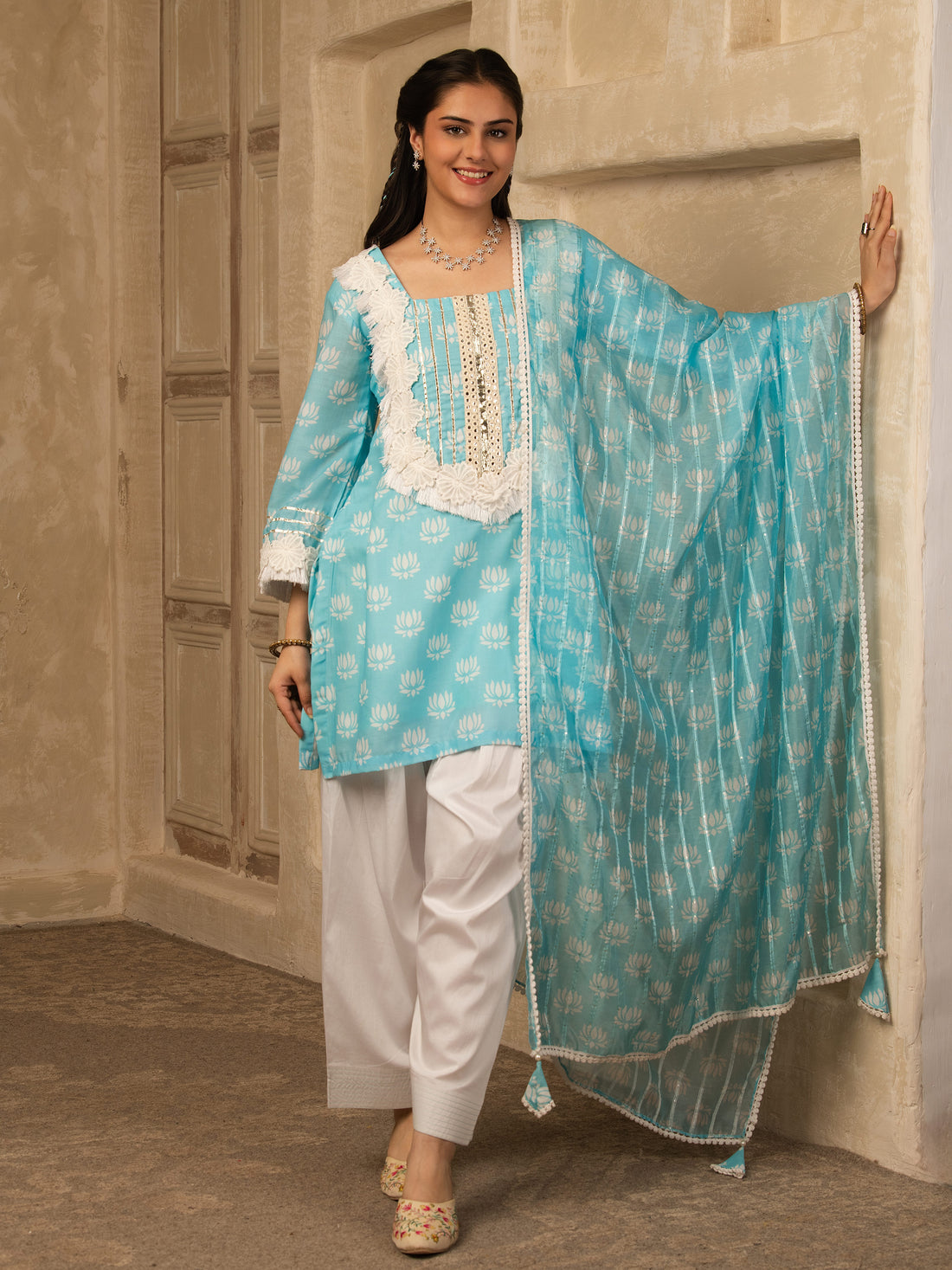 Sky Blue Cotton Farshi Salwar Suit Set