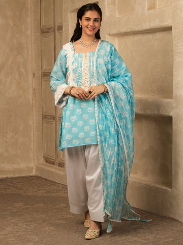 Sky Blue Cotton Farshi Salwar Suit Set