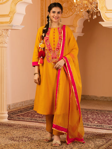 Sunkissed bright Mustard Hand Embroidered A-shape Mul Chanderi Silk 3 piece Suit set
