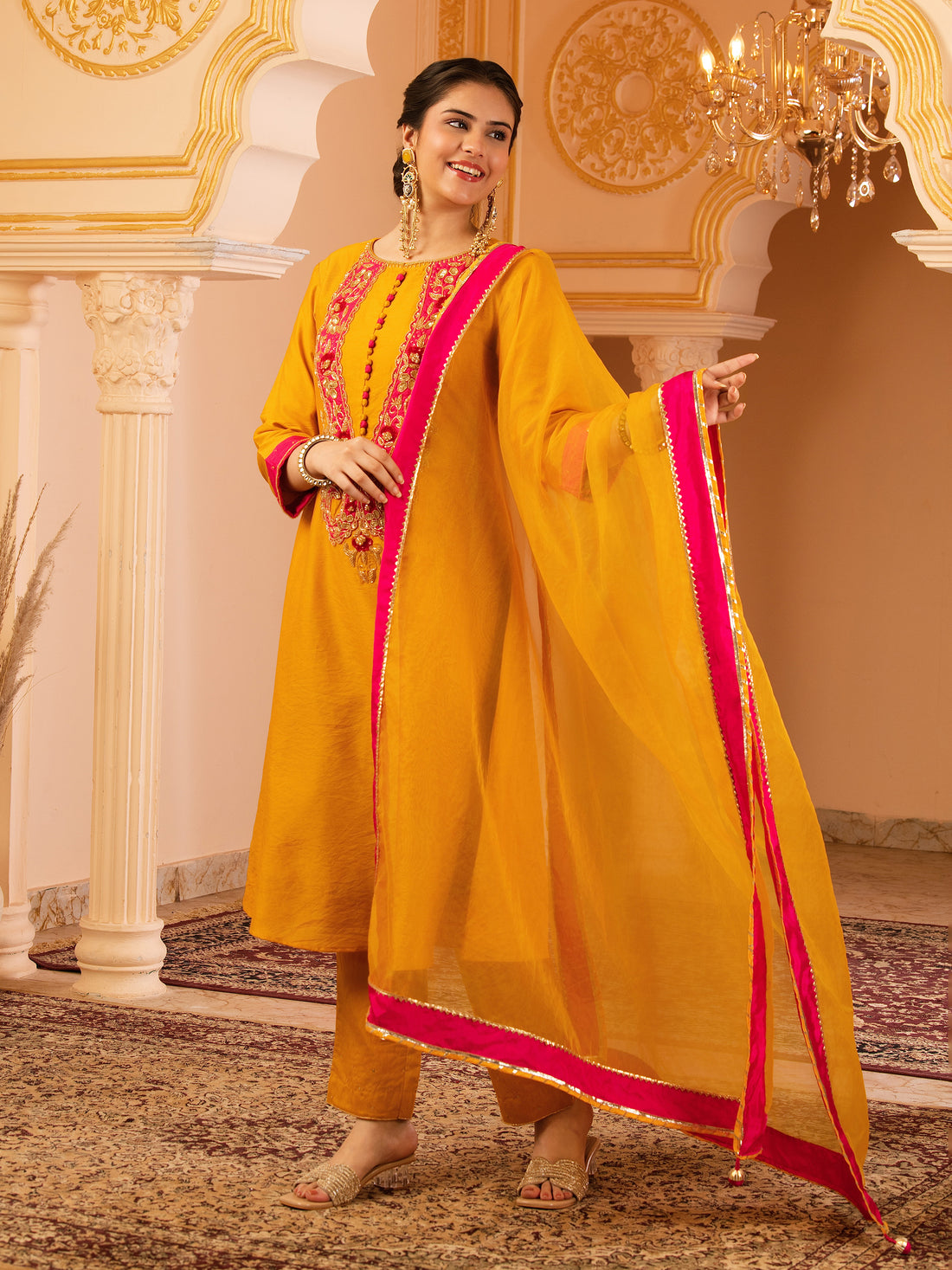 Sunkissed bright Mustard Hand Embroidered A-shape Mul Chanderi Silk 3 piece Suit set