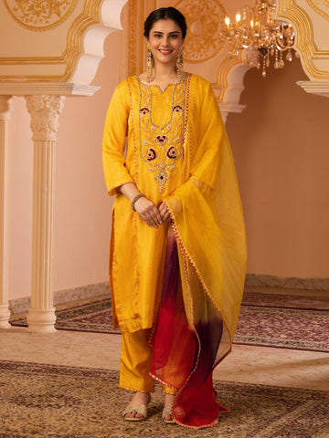 Sunblessed bright Yellow Hand Embroidered Silk 3 piece Suit set